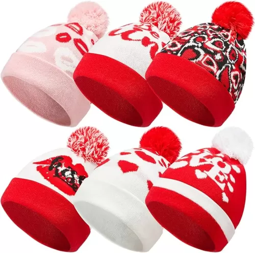 Ramede 6 Pcs Valentine's Day Hats for Women Men Heart Beanie Hats Lip Printing Knit Hats Valentines Hat for Adult