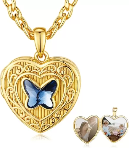 REDSUN Butterfly Locket Necklace Gold That Holds Pictures 925 Sterling Silver Custom Photo Keep Heart Crystal Pendant Gifts Memory Keepsake Butterfly Jewelry for Her Mother Wife Mother