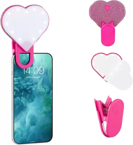 Riki Sweetheart Clip-On LED Makeup Mirror and Selfie Light, Rechargeable with Long-Lasting Battery, CRI 95+ for Phone, Laptop, and iPad, Film for TikTok, Instagram (Hot Pink Sparkle)