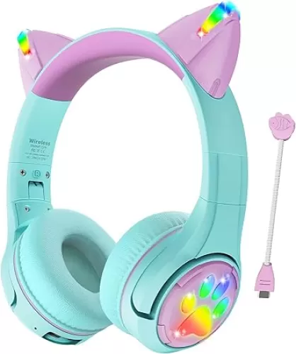 Riwbox CF9 Cat Ear Kids Bluetooth Headphones with LED Light Up, Safe 85dB Volume Limit, Built-in Mic&Boom Mic for Calls, Kids Wireless&Wired Headphones for Tablet/Airplane/School/Online Learning (Green)