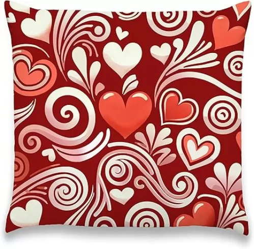 Romantic Hearts Pillow Cover, Festive Decorative Case for Couch, Bed, and Living Room, Swirl and Heart Pattern on Red Background, 18x18 Inch Cushion Cover, for Valentine's Day.