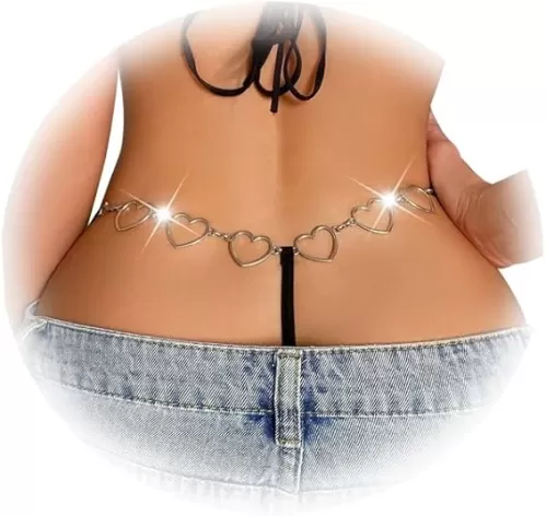 Sexy Silver/Gold Heart Pendant Thong Panties Stretch Metal Chain Thong G String Bikini Back Panties Body Jewelry for Women