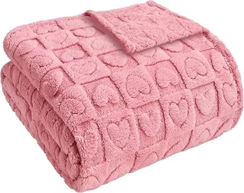 Sherpa Fleece Pink Blanket Fluffy Heart Checkered Blanket, Premium Plush Blanket for Lover Mom Friends Gifts, Soft Pink Throw Blanket for Couch Bed for All Seasons 70"×80"