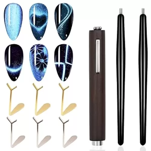 SILPECWEE 9pcs Cat Eye Nail Magnet, 3 In 1 Strong Magnetic Cat Eye Gel Nail Polish Magnet, Y-Shaped Guide Stick for Heart Effect, Nail Art Tools for Nail Art Salon DIY Home