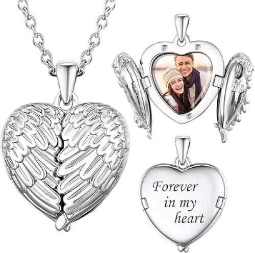 SILVERCUTE Personalized & Engraved Locket Necklace with 18" Chain -Angel Wings Locket, Custom Heart Locket Pendant that Holds Picture, Sterling Silver or Gold Plated