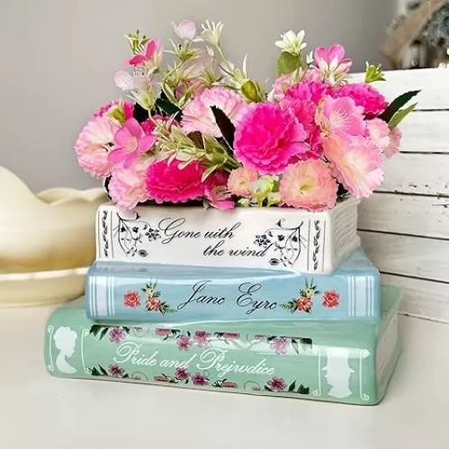 Small Book-Shaped Decorative Planter - Ceramic Vase for Flowers - Cute Bookshelf Home Bedroom Office Decor - Unique Classic Titles Bookstack Housewarming Gifts for Book Lovers