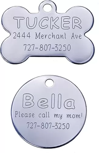 Stainless Steel Pet ID Tag - Diamond Engraved - Bone, Round, or Heart Shape (Bone, Small)