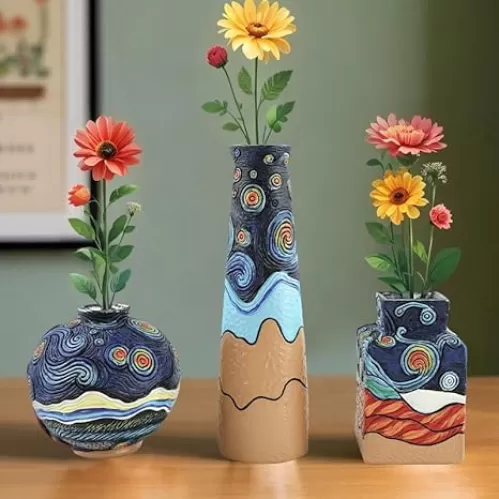 Starry Night Vase Plant Pot, Van Gogh Inspired Resin Flower Pot - Abstract Rainbow Planter with Artistic Brushstroke Design Stylish Art Flower Pot Unique Home Decor for Plants (3pcs)
