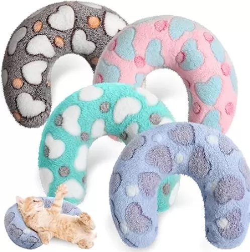 Sweetude 4 Pcs Pillows for Cats Puppy Bed Soft Fluffy Pet Calming Toy Half Donut U Shaped Pet Neck Pillow Training Toy Joint Relief Cervical Protection(Heart, Medium)
