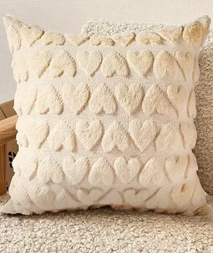 Throw Pillow Cover - 18x18 Soft Plush Decorative Pillow Covers with Zipper for Couch Sofa Bedroom Aesthetic Beige Heart Cozy Pillowcase Covers with Patterned