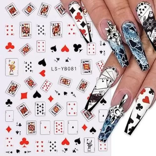 TiMi 3D Self-Adhesive Nail Stickers - Poker Theme with Hearts & Diamonds, Trendy Instagram Nail Art Designs for Women​ A Set of 2 Sheets