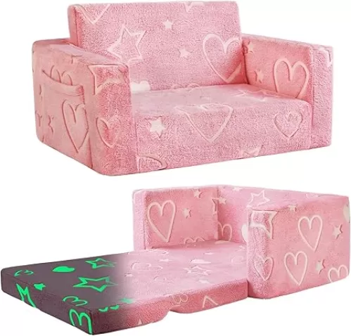 Toddler Couch, Toddler Chair, 2-in-1 Baby Seat Furniture Fold Out, Convertible Sofa to Lounger Comfy Glow in The Dark Sofa Bed, Gifts for Kids Girl Boys, Heart, Large