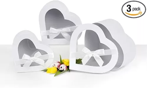 UNIKPACKAGING Premium Quality Heart Shaped Flower Boxes, SET OF 3, Gift Boxes for Luxury Flower and Gift Arrangements, with Lids, Ships From USA (White)