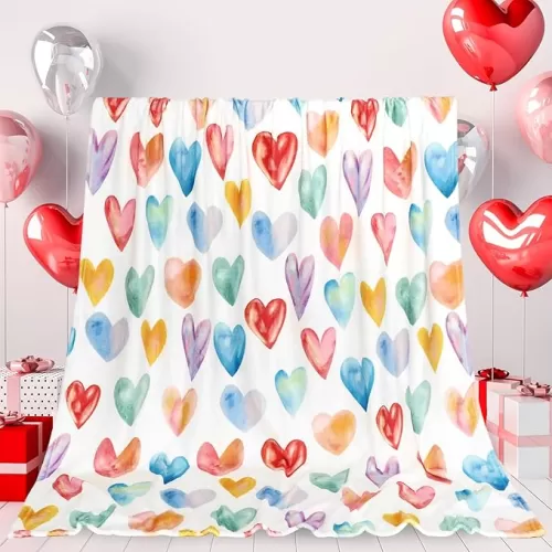 Valentine Fuzzy Blanket Colorful Hearts Throw Blanket 50 x 60 Inch Watercolor Love Hearts Flannel Blanket for Home Chair Sofa Bed Couch