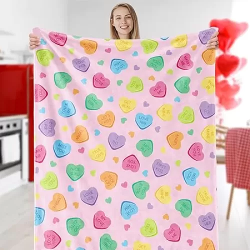 Valentine Fuzzy Blanket Conversation Heart Throw Blanket Candy Love Heart Pink Soft Cozy Flannel Blanket for Party Home Bed Sofa Couch Chair, 50 x 60 Inch
