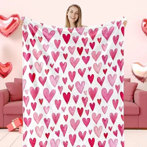 Valentine Heart Fuzzy Blanket Pink Love Heart Throw Blanket Watercolor Soft Cozy Flannel Blanket for Party Home Bed Sofa Couch Chair, 50 x 60 Inch