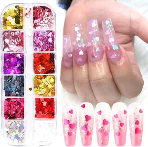 Valentine Heart Nail Glitters Sequins Heart Nail Decals 12Colors Heart Nail Art Confetti 3D Holographic Shiny Nail Flakes Acrylic Valentine's Day Nail Art Supplies Nail Art Decorations Accessories
