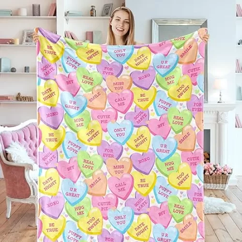 Valentine's Day Fuzzy Blanket Conversation Candy Heart Throw Blanket Colorful Cozy Flannel Blanket for Home Bed Sofa Couch Chair, 50 x 60 Inch