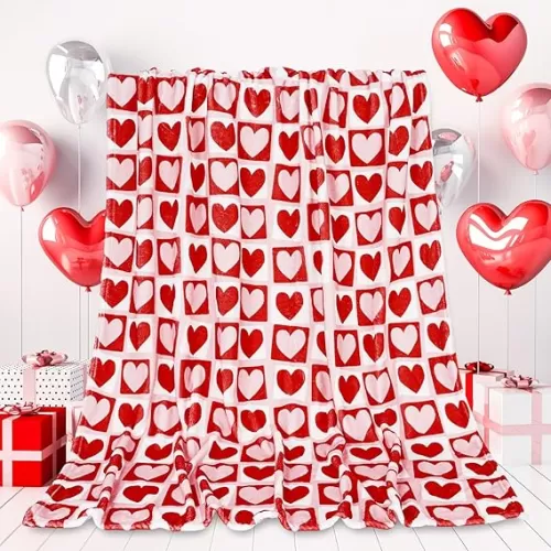 Valentine's Day Fuzzy Blanket Red White Heart Throw Blanket 60 x 70 Inch Plaid Hearts Flannel Blanket for Home Chair Sofa Bed Couch