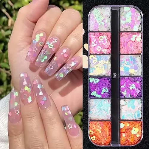 Valentine's Day Iridescent Heart Glitter Nail Art Sequins, 3D Heart Ultra Thin Nail Art Sparkly Flake Designs, Shiny Heart Nail Glitter Confetti Acrylic Supplies for Women Manicure Tips Decorations