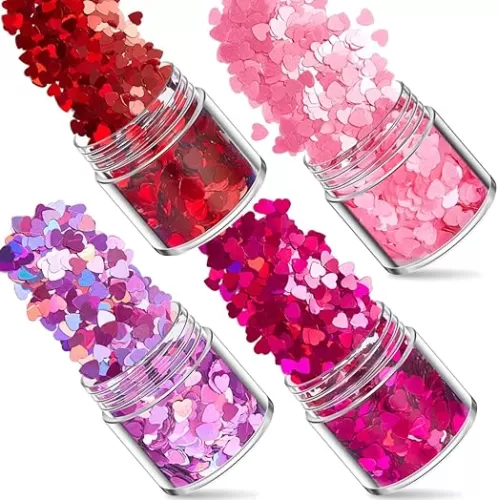 Valentine's Day Nail Art Glitters Red Heart Holographic Nail Glitter Heart Shaped Glitter Nail Sequins Confetti Flakes Acrylic Nail Art Decoration Eye Face Body DIY Craft Supplies, 4 Boxes