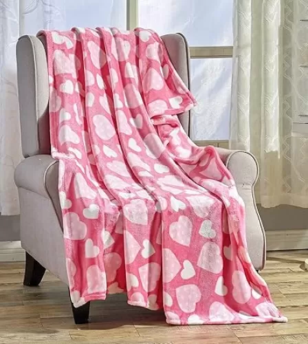 Valentines Heart Throw Blanket Soft Fleece Pink Blanket with Decorative Hearts for Kids Adults Use on Couch Sofa Bed 50 x 60
