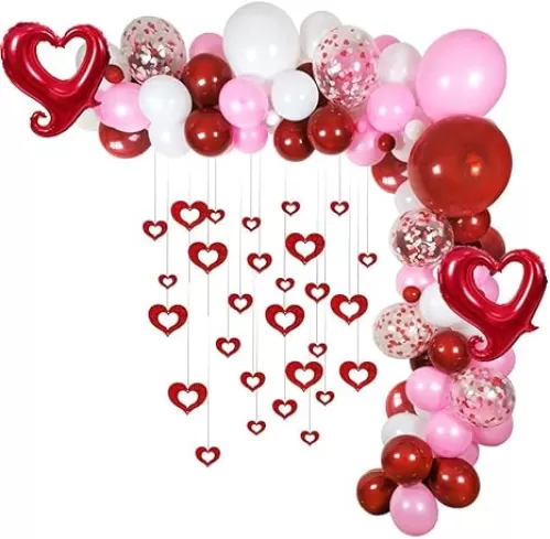 Valentines Red White Pink Balloons Garland, 100pcs 18" 12" 5" Latex Balloons Red Heart Shape Foil Balloon Red Heart Hanging for Galentines Womens Birthday Engagement Party Decorations