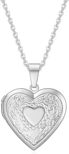 Vintage Heart Shape Antique - inspired Floral Etchings Locket Picture Pendant Necklace for Women Anniversary Birthday Gift-Silver