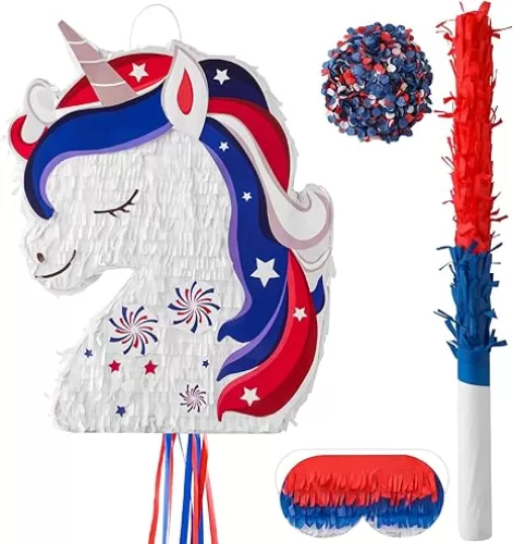 VinTS Unicorn Piñata Red White Blue Large Unicorn Piñata with Blindfold Bat Confetti for Kids Adults Birthday 4th of July Theme Party Game Decorations(16.3x12.2x3.15in)