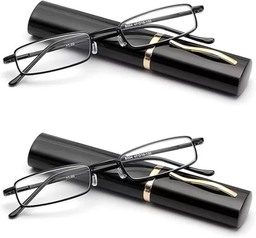 Viseng 2 pairs Slim Mini Metal Reading Glasses Compact Lightweight Portable Readers with Glasses Case for Reading Case +2.0 (Black)