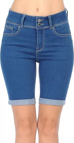 WAX JEAN Women's Juniors Butt I Love You High Rise Push-Up 2 Button Bermuda Denim Shorts