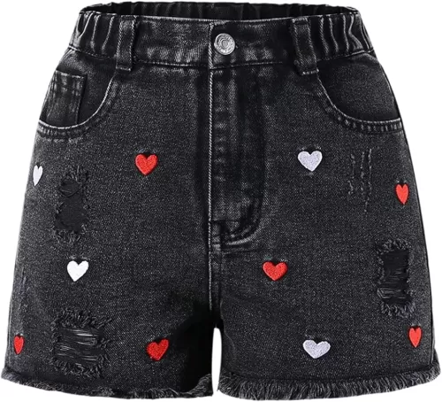 WDIRARA Girl's Heart Embroidered Ripped Denim Bermuda Shorts Elastic High Waisted Raw Hem Jean Shorts