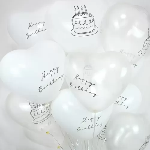 White and Clear Birthday Heart Balloons, 10" White Transparent Latex Balloons with Cake & Happy Birthday Prints for Women Men Girls Boys 1st 10 13 Sweet 16 18 21st 30 40 50 60 70 Birthday Party