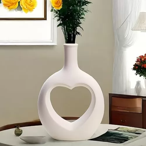 White Heart Shaped Small Ceramic Vase Valentines Day Decorations Modern Boho Home Decor for Living Room Round Vase with Hole Circle Vases for Table Decor for Office, Bedroom, Mantel