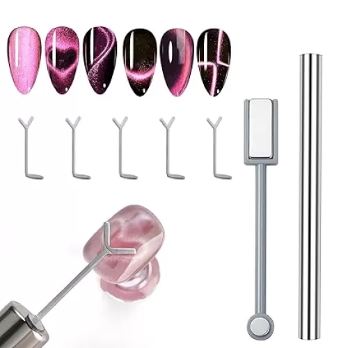 WOKOTO 2 PCS Cat Eye Magnets For Nails Set With 5 Pcs Iron Y-Shape Heart Cat Eye Designs Nail Magnet Tools, Big Double-Side Silver Cylinder Nail Magnets For Nail Art, Heart Magnet Tools For Nails