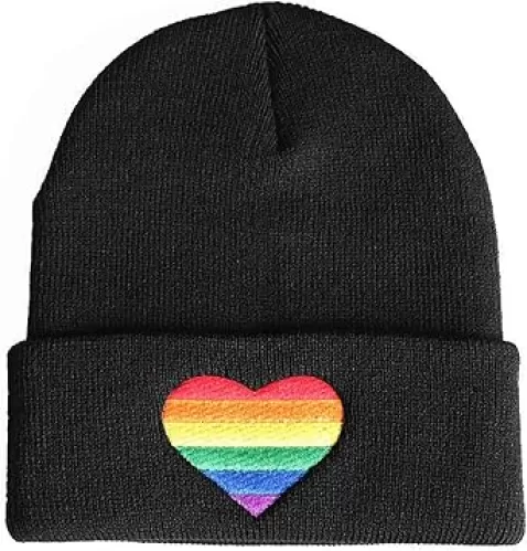 Women Men Knitted Beanie Hat LGBT Gay Pride Rainbow Heart Slouchy Skull Cap Winter Warm Cozy Headwear