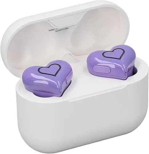 Yunseity Heart Shaped Earbuds, Bluetooth 5.3 Noise Cancelling Earphones Built in Microphone, HiFi Stereo Sound Cute Girls Headphones with Charging Case, 8 Eartips for Small Ears (Violet)