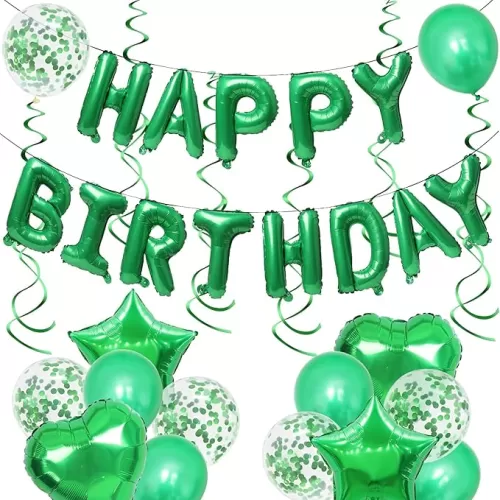 ZHENGYE Green Birthday Party Decorations Set Happy Birthday Balloons Banner Hanging Swirls Star Heart-shaped Latex Balloon for Women Men Children Birthday Party Decorations