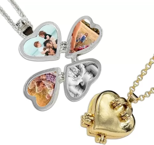 ZORZA 2Pcs Charming Folding Heart Locket Necklace 4 Leaf Clover Pendant Necklace That Holds 4 Photos, Ideal for Women(Gold, Silver)