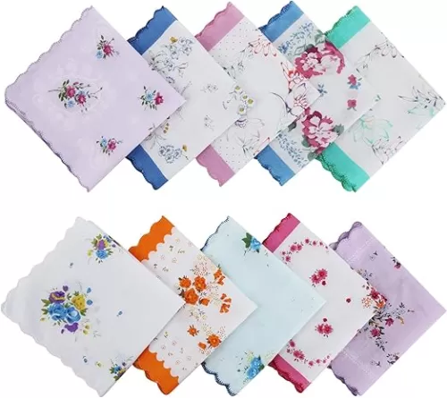 10 Pcs Ladies Vintage Embroidered Handkerchiefs, 11.8" Soft Cotton Women Floral Handkerchief with Colorful Wavy Edge, Easy Wash Sophisticated Elegant Tea Party Wedding (Random Color)