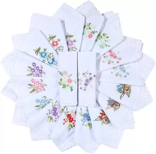 18pcs Vintage Floral Embroidered Handkerchiefs - Cotton White Lace Ladies Hankies 11"x11" for Tea Parties Mothers Day