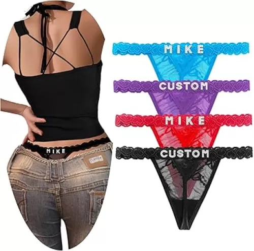 2-Pack Hand-sewn Personalized Thongs with Names on It, Custom Name Underwear Panties for Women Couples S to Plus Size