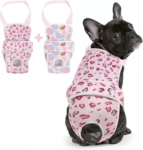 2 Pcs Dog Diaper Suspenders Female, Washable Dog Panties for Dogs in Heat with Cute Leopard Print, Escape Proof Dog Underwear Diapers, Reusable Pet Sanitary Pantie for Small Medium Girl Dogs, M