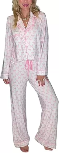 2 Piece Pajama Set Women Valentin's Day Pjs Set Cute Heart Print Button Down Shirt+Pants Set Lounge Wear