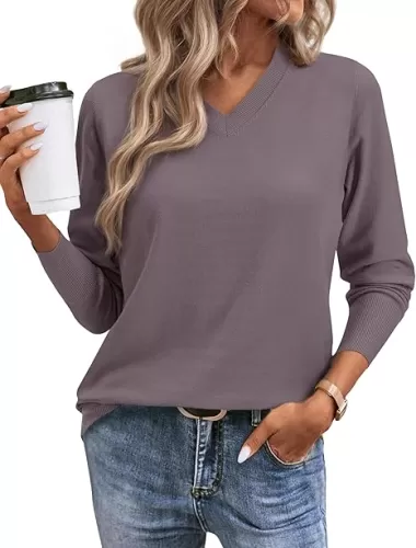 2025 Women's Sweaters Knitted Ribbed Casual Thin Long Sleeve Pullover V Neck Lightweight Sweatshirts Cute Blouse Tops