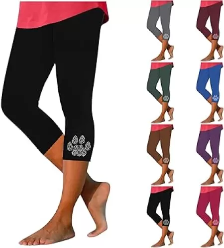 3/4 Leggings for Women Rhinestone Dog Paw Heart Yoga Tights Tummy Control Work Out Exercise Yoga Pants Summer Bottoms