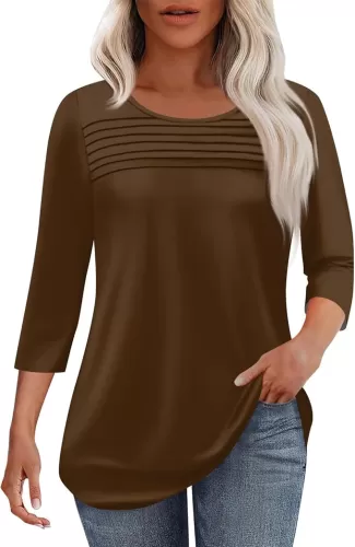 3/4 Sleeve Tops for Women Solid Color Crewneck T Shirt Pleated Pullover Going Out Blouses Comfy Dressy Tunics