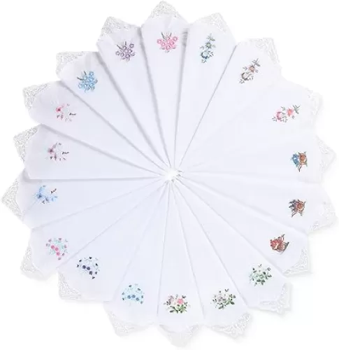 36 Pieces Women Floral Handkerchiefs Embroidered Flower Handkerchief with Lace Cotton Hankies Bulk Ladies Hankies for Women