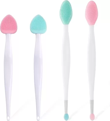 4pcs Lip Scrub Brush, Silicone Heart Lip Exfoliator Brushes Scrubber Tool, Double-Sided Oval Lip Cleaning Exfoliating Remove Dead Skin Tool for Men Women Dark Lips- Pink & Green