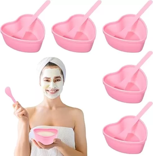 5 Sets Pink Heart shaped Plastic Face Mask Mixing Bowls with Stirring Spatula Face Bowl DIY Skin Care Mixing Tool Kit Mud Mask Mixing Bowl for Women Home Beauty Salon